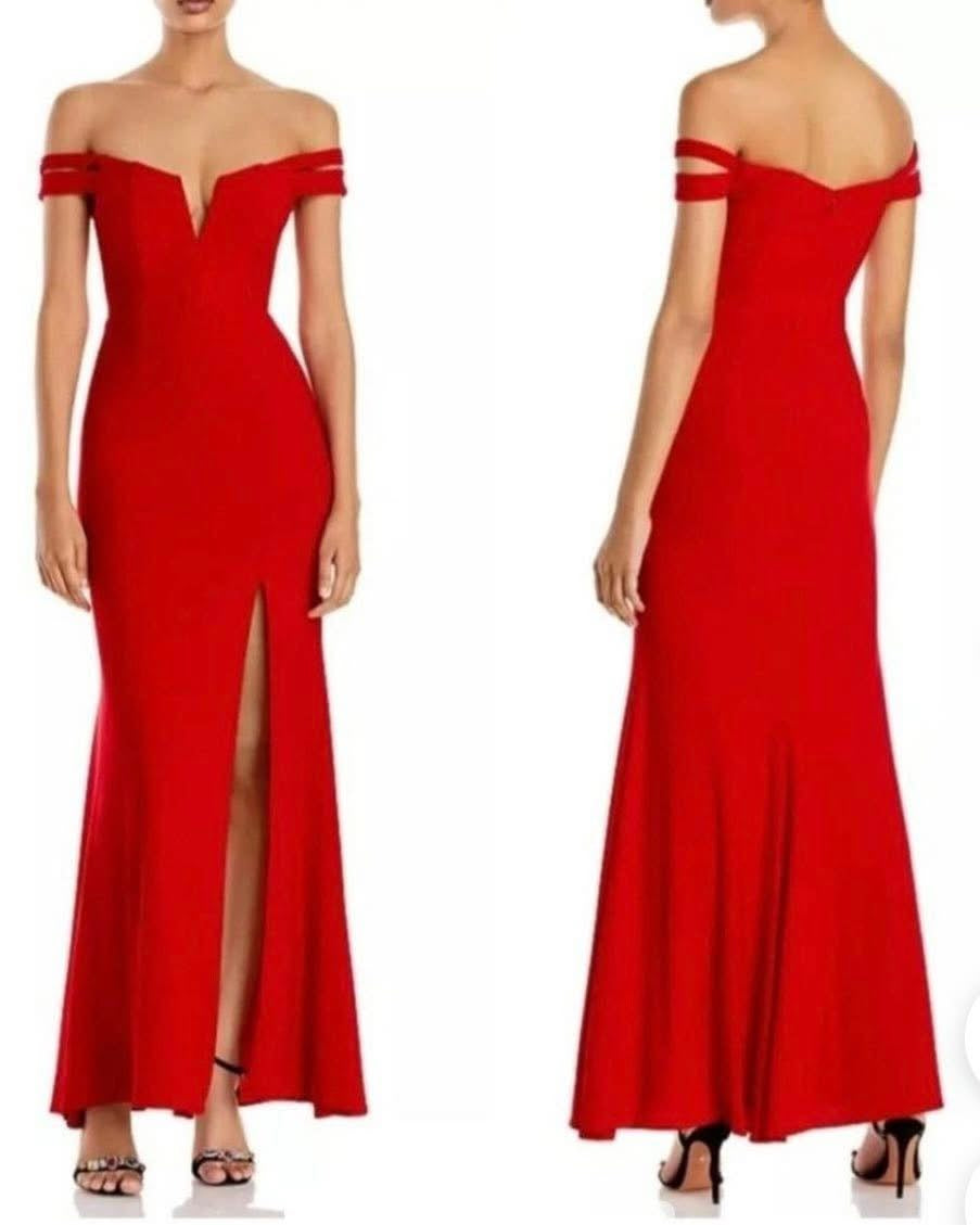 AQUA Women's Formal Dress Size 12 Red Off the Shoulder Thigh Slit Evening Gown