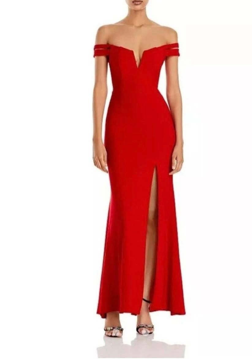 AQUA Women's Formal Dress Size 12 Red Off the Shoulder Thigh Slit Evening Gown