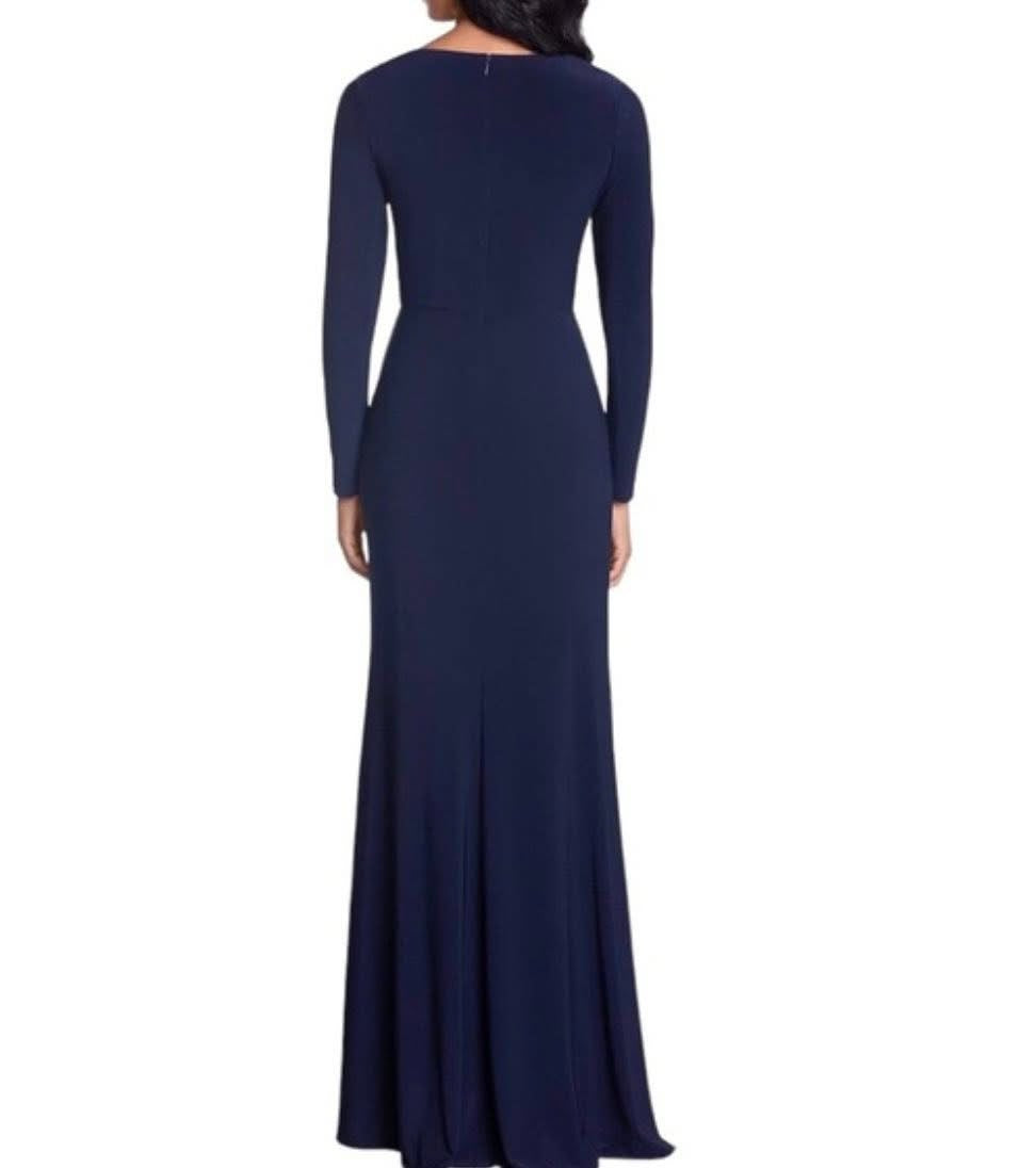 BETSY & ADAM Blue Cascade Ruffle Deep V-Neck Stretch Jersey Gown Size 18 W, NEW
