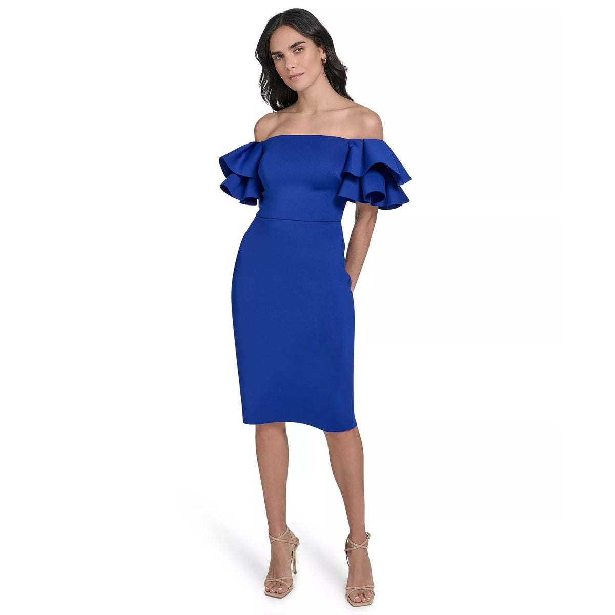 Eliza J Off Shoulder Cocktail Dress, Ruffle Sheath Cobalt Blue Wedding Guest, 14