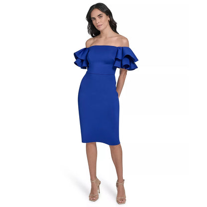 Eliza J Off Shoulder Cocktail Dress, Ruffle Sheath Cobalt Blue Wedding Guest, 14