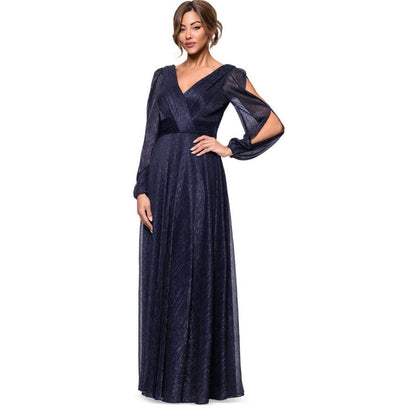 Betsy & Adam Petite Long-Sleeve V-Neck Crinkle Gown Navy royal SZ 4P, MSRP: 289$