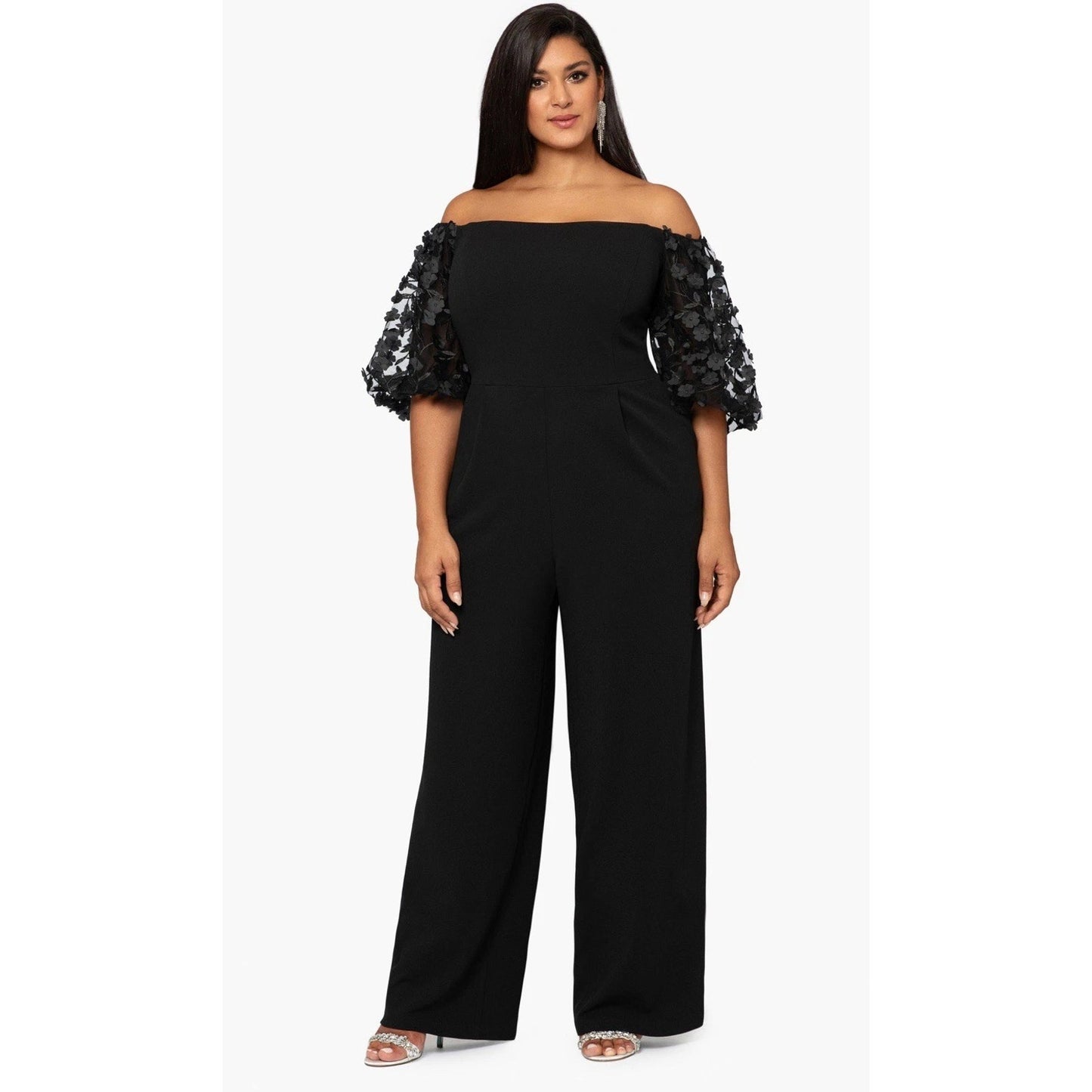 Xscape Womens Black Applique Off-The-Shoulder Dressy Jumpsuit, Size 18W