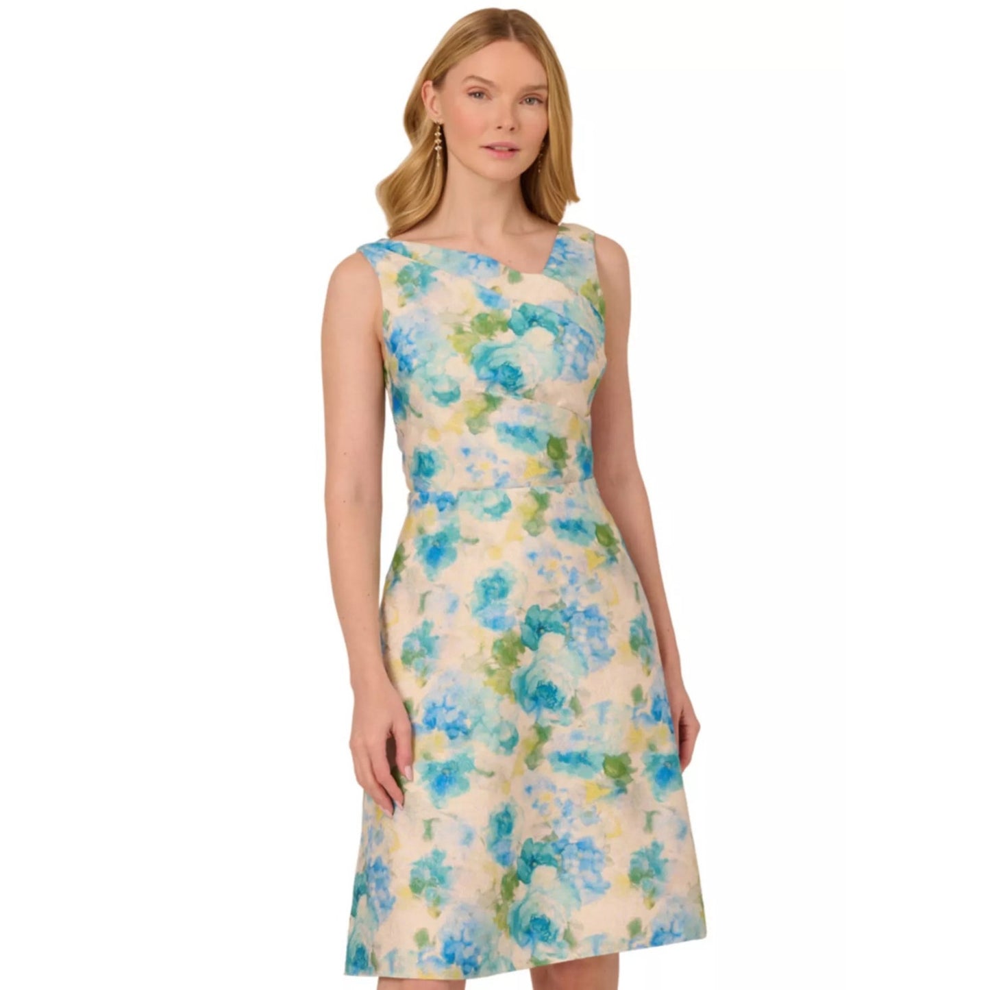 Adrianna Papell Women's Jacquard Asymmetric-Neck Dress - Ivory/Blue, MSRP:199$