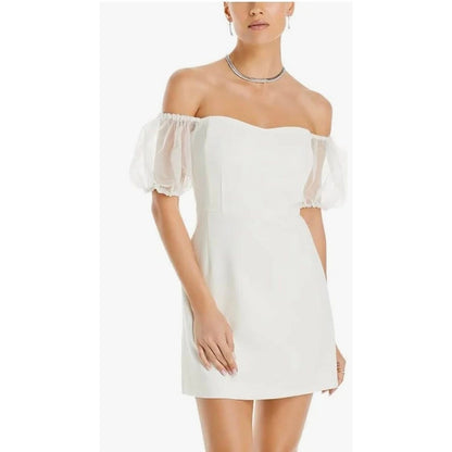 French Connection Whisper Puff Sleeve Dress Women's 4 Summer White Back Zip S/S