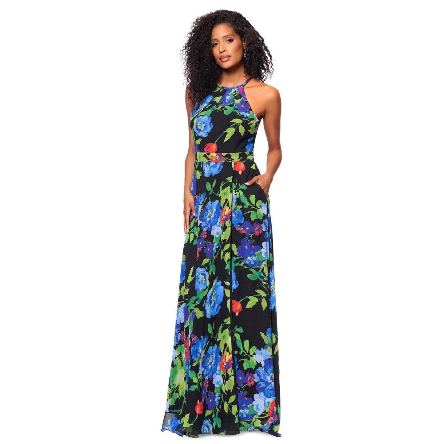 Betsy & Adam Printed Chiffon Halter-Neck Gown Black Multi, 6. $179