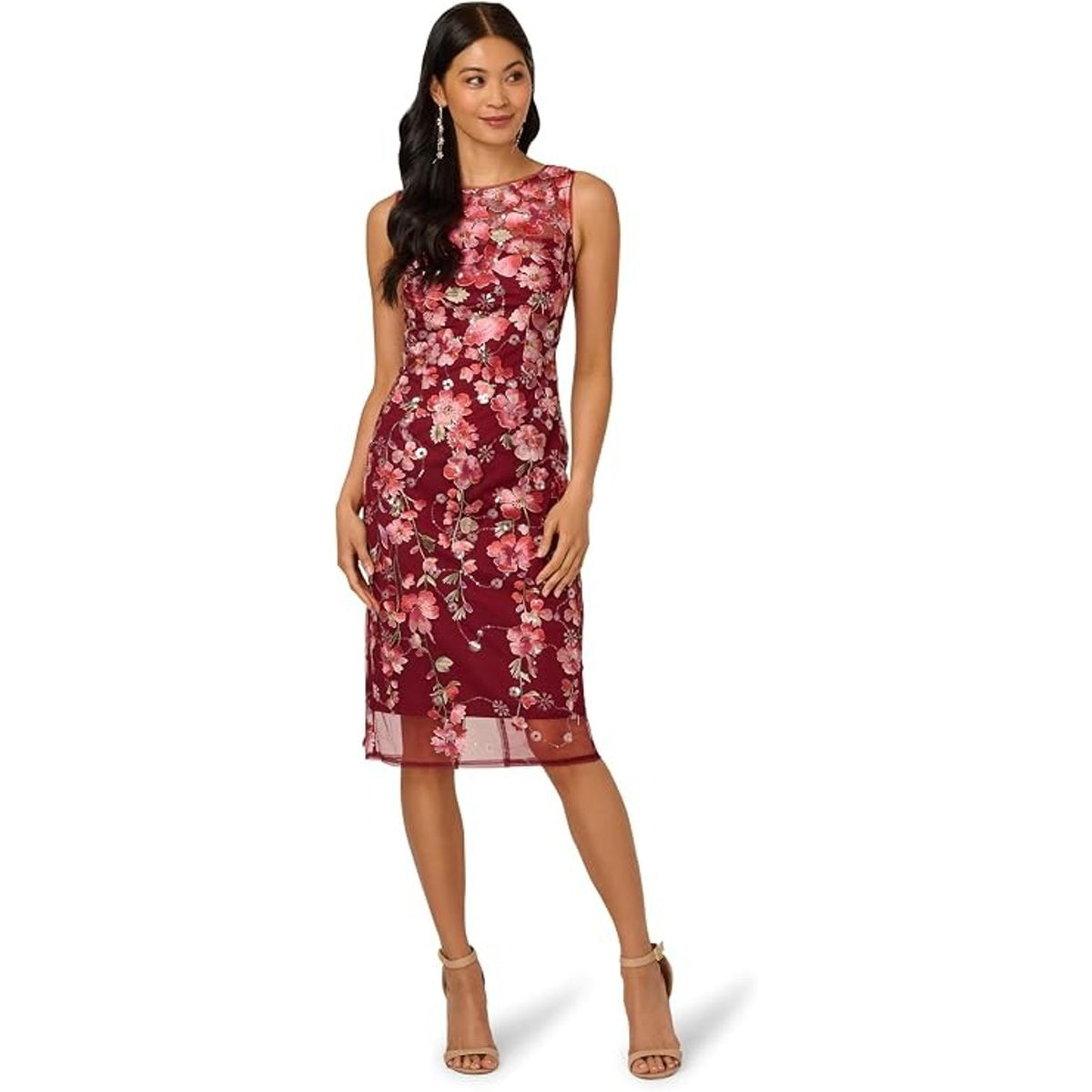 Adrianna Papell Women Embroidered Floral Midi Dress, 12 Plum Sequin 3D,MSRP:249$