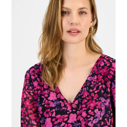 Kasper Women's Floral-Print Tiered Fit & Flare Dress - Black/cerise Multi