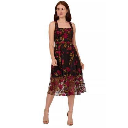 Adrianna Papell Floral Embroidered MIDI Dress with Sheer Hem in Pink Black, sz 8