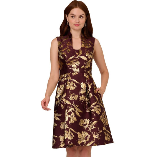 Adrianna Papell Women's Red Metallic Jacquard Fit-&-Flare Dress Size 2