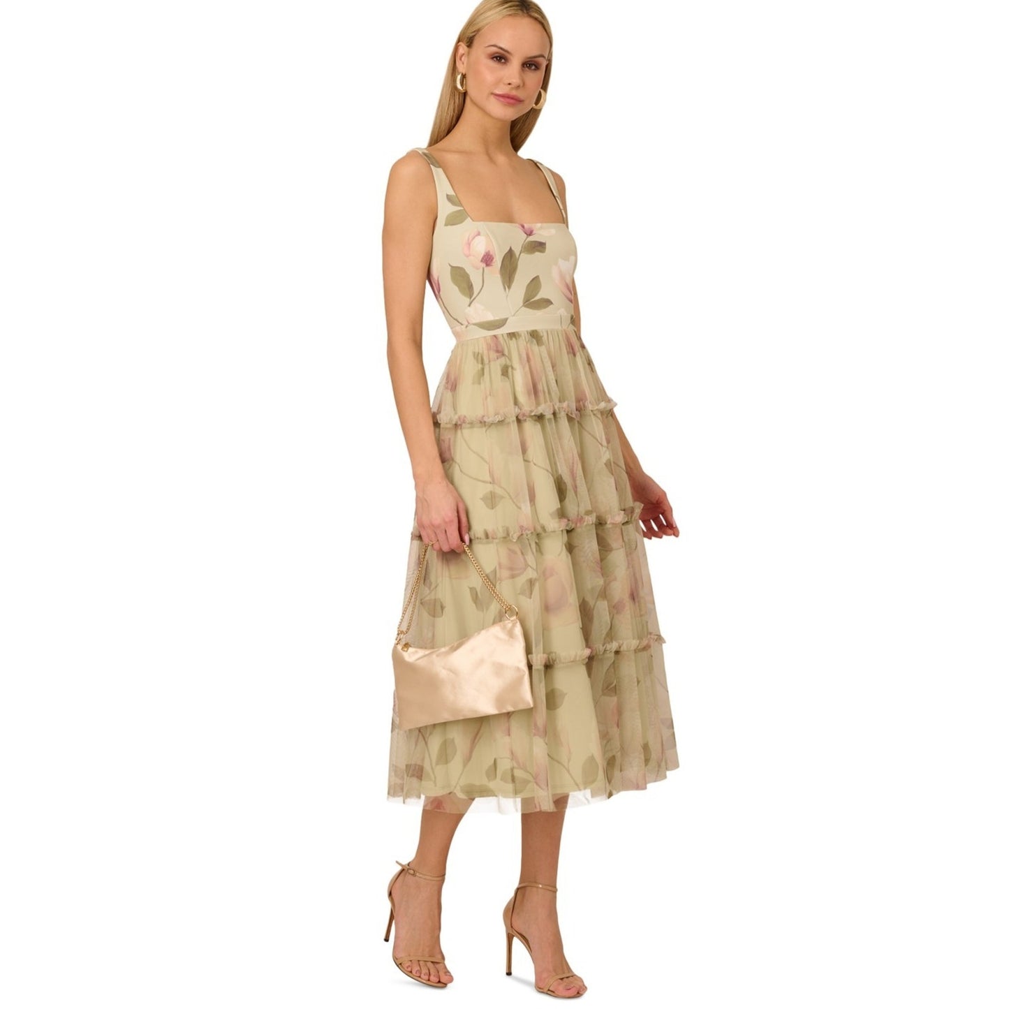 Adrianna Papell Printed Tiered Sleeveless Knit &Mesh MIDI Dress Sz 8, MSRP: 275