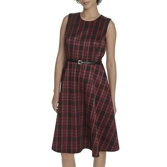 Tommy Hilfiger Women's Sleeveless Faux Leather Fit and Flare MIDI Dress, Size 16
