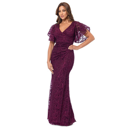 Betsy & Adam Women's Eyelash-Lace Flutter-Sleeve Long Dress - Wine, MSRP: 179$