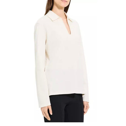 Theory Spread Collar Cotton Blend Popover Top in Cream Size XL, NEW