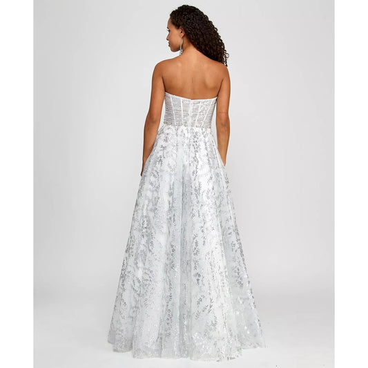 B Darlin Juniors' Strapless Glitter Mesh Ball Gown - Off White/ Silver Size 3/4.