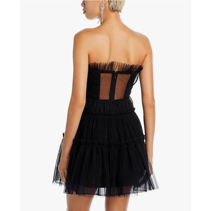 BCBGMAXAZRIA Women's Black Strapless Tiered Tulle Mini Dress Size 6