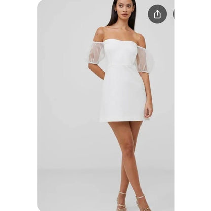 French Connection Whisper Puff Sleeve Dress Women's 4 Summer White Back Zip S/S