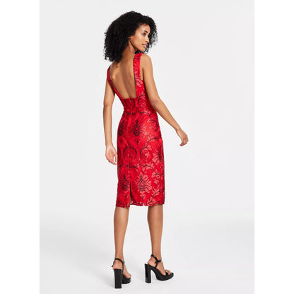 Siena Women's Red V-Neck Embroidered-Mesh Sleeveless Dress Sz 14, MSRP:138$