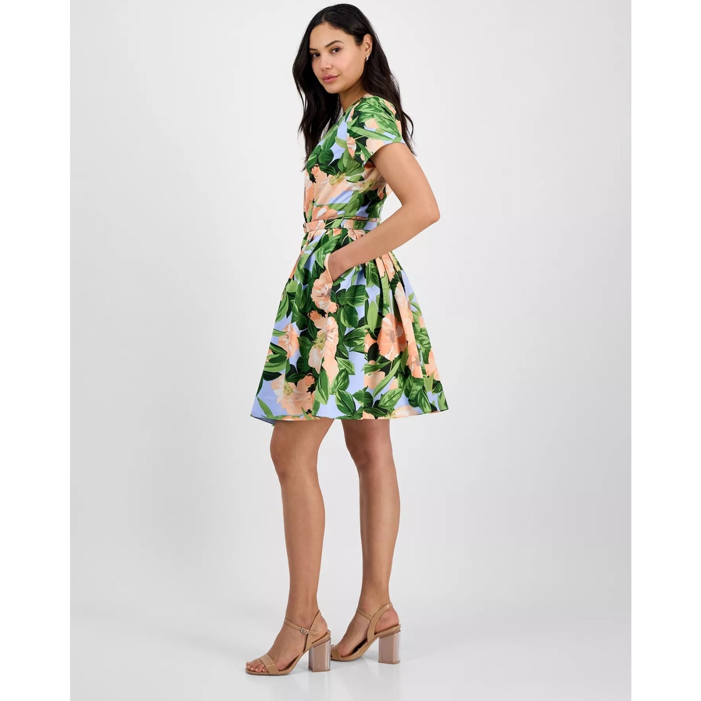 Tahari ASL Fit Flare Pleated Dress Peach Magnolia Floral Belted Sz 14,MSRP: 169$