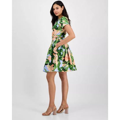 Tahari ASL Fit Flare Pleated Dress Peach Magnolia Floral Belted Sz 14,MSRP: 169$