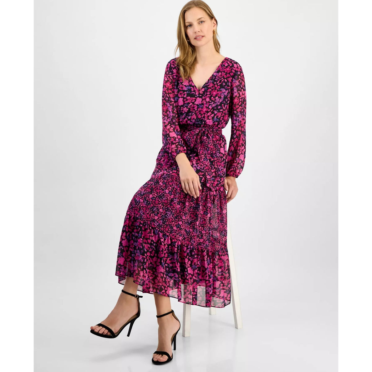 Kasper Women's Floral-Print Tiered Fit & Flare Dress - Black/cerise Multi