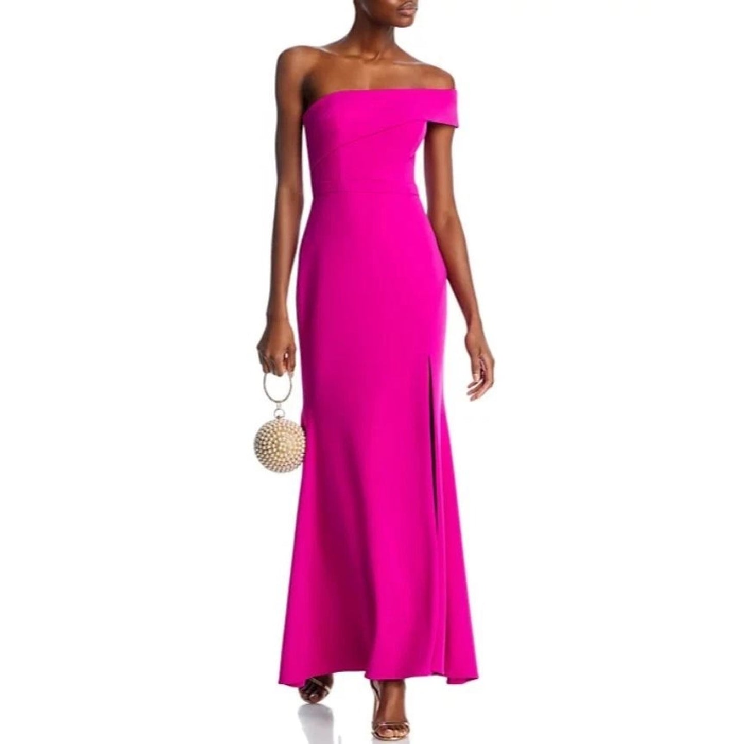 AQUA Formal Scuba Crepe Off -The- Shoulder Gown, Open Leg, Magenta, 8, Exclusive