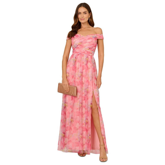 Adrianna Papell Floral-Print Off-The-Shoulder Gown Pink Multi Size 18,MSRP $279