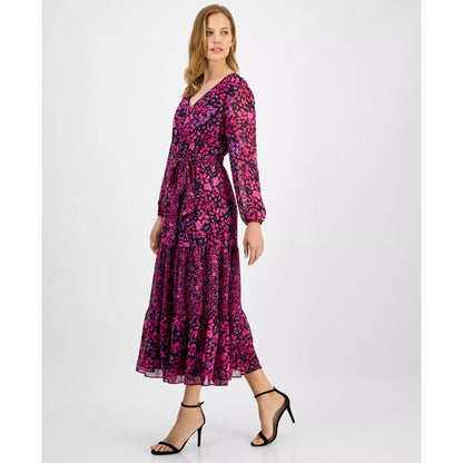Kasper Women's Floral-Print Tiered Fit & Flare Dress - Black/cerise Multi