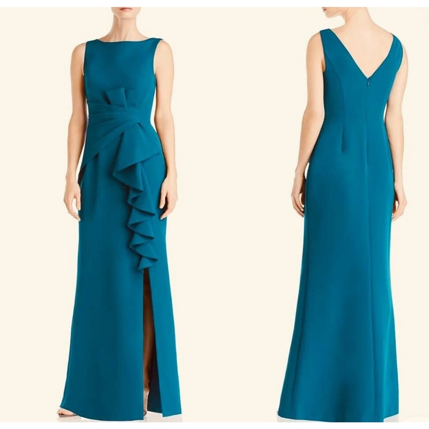Eliza J Sleeveless Cascading-Ruffle Gown Women's 0 Teal Boat Neck Back Zipped