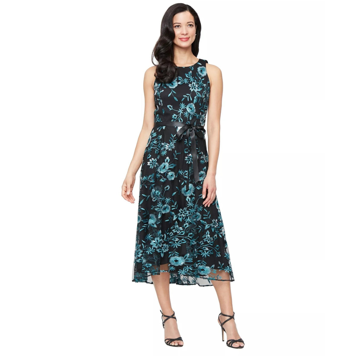 NEW Alex Evenings Midi Dress Teal Black Sequin Floral Tulle Embroidered 12
