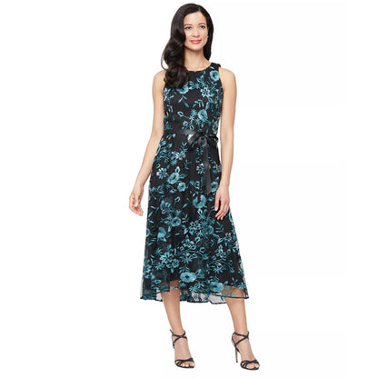 NEW Alex Evenings Midi Dress Teal Black Sequin Floral Tulle Embroidered 12