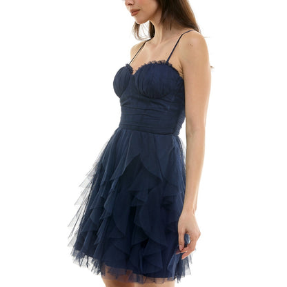 Pear Culture Juniors' Corset-Top Petal-Skirt Mesh Dress - Navy - 9, MSRP: 99$