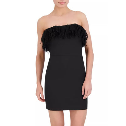 BCBGMAXAZRIA Women's Black Tube Tulle Fringe Strapless Mini Dress, Size 12, NEW