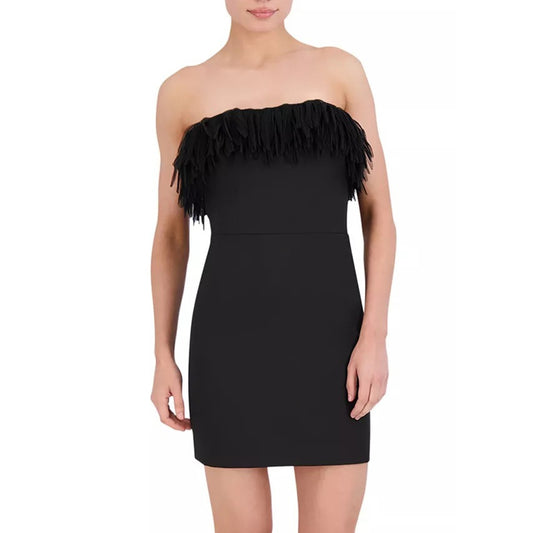 BCBGMAXAZRIA Women's Black Tube Tulle Fringe Strapless Mini Dress, Size 12, NEW
