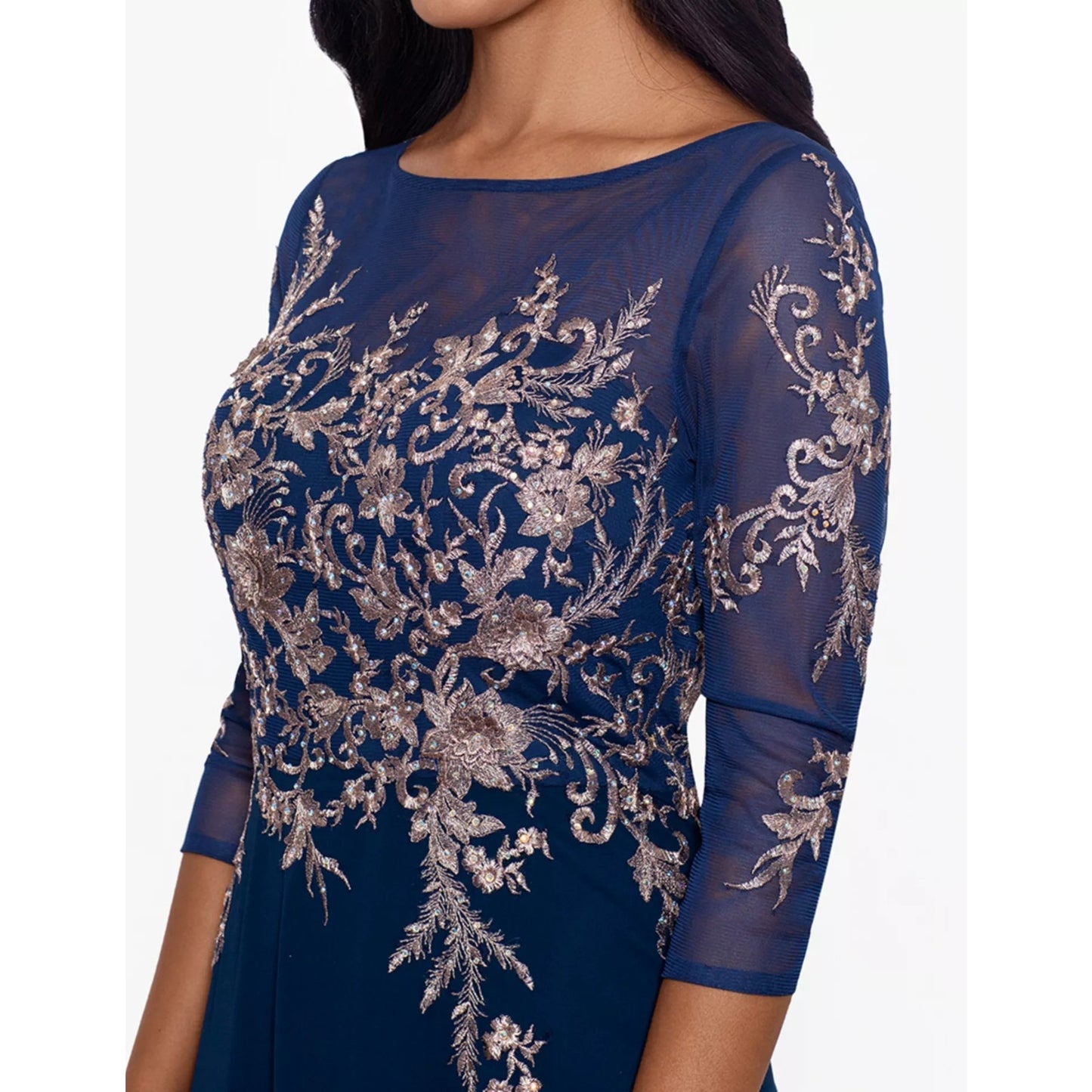 Betsy & Adam Navy Blue Rose Gold Embellished Bodice Chiffon Gown Size 4, $299
