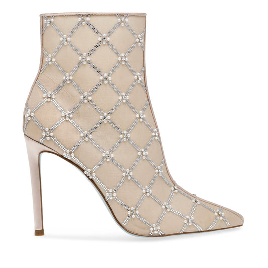Betsey Johnson Lark Nude Mesh Rhinestone Pearl Ankle Bootie Heel Size 5.5 W/ Box