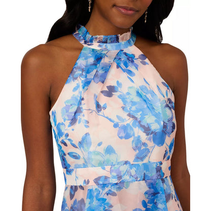 Adrianna Papell Blush Pink Blue Floral Print Organza Midi Dress Sz 4, MSRP: $249