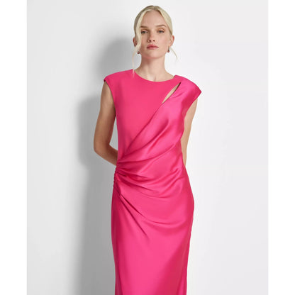 DKNY Peacock Pink Side-Ruched Cut-Out Cap-Sleeve Gown Size 14, MSRP: $229