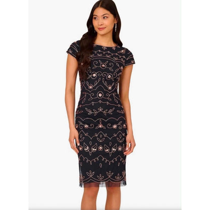 Papell Studio Navy Gold Beaded Sequin Floral Sheath Dress Short Sleeve Size 10,