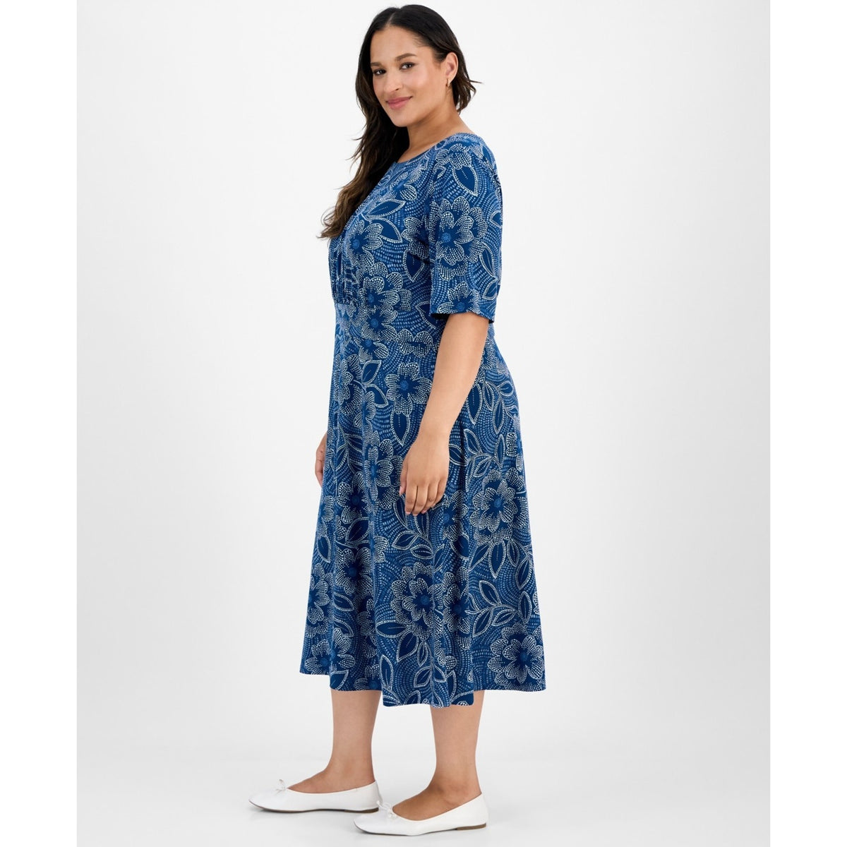 London Times Short-Sleeve Printed Fit & Flare MIDI Dress - Navy Blue-18W
