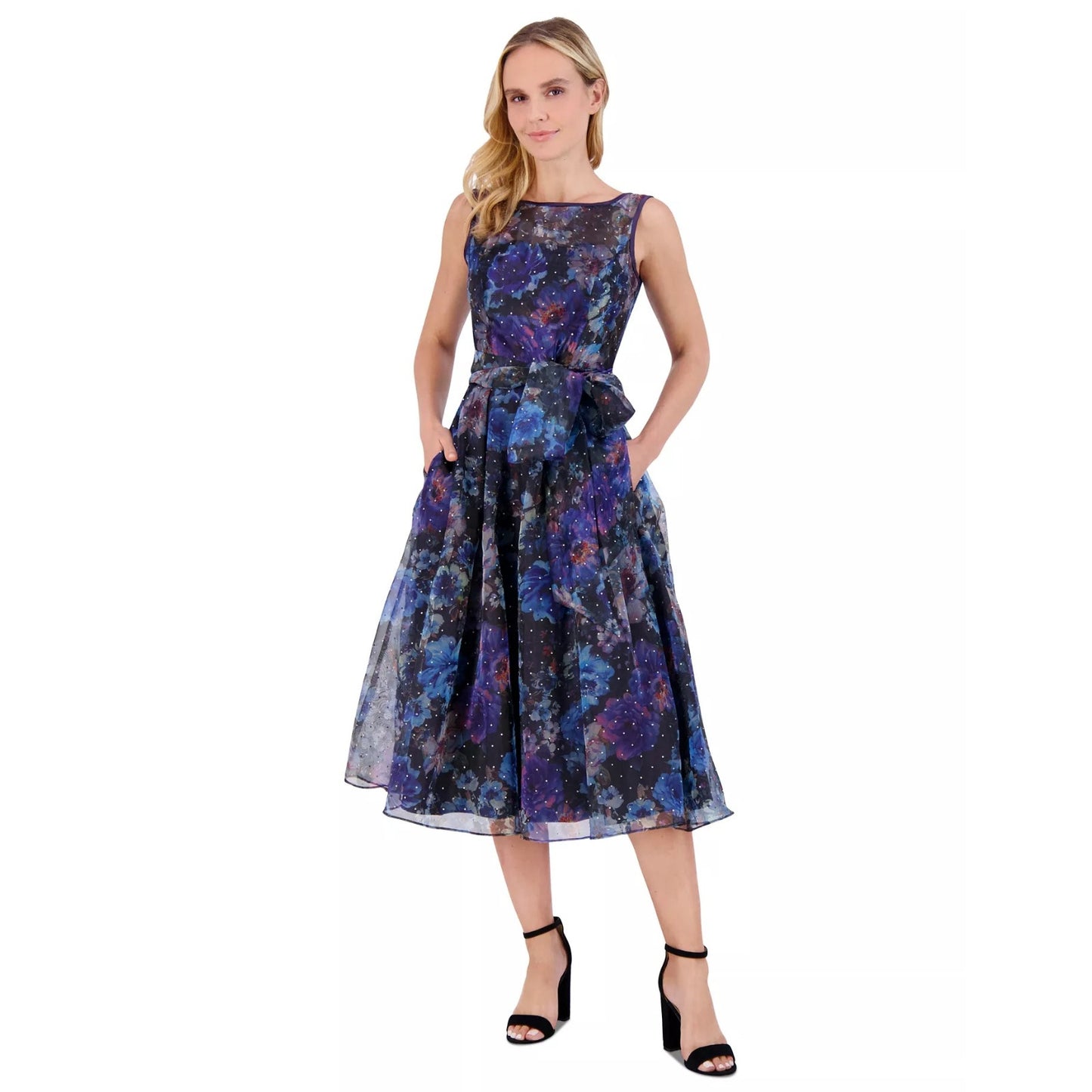 Eliza J Women's Belted Floral-Cocktail Dress - Black/blue, Size 14, MSRP:l 228$