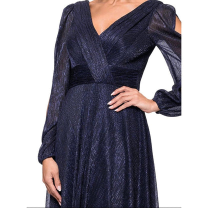 Betsy & Adam Petite Long-Sleeve V-Neck Crinkle Gown Navy royal SZ 4P, MSRP: 289$