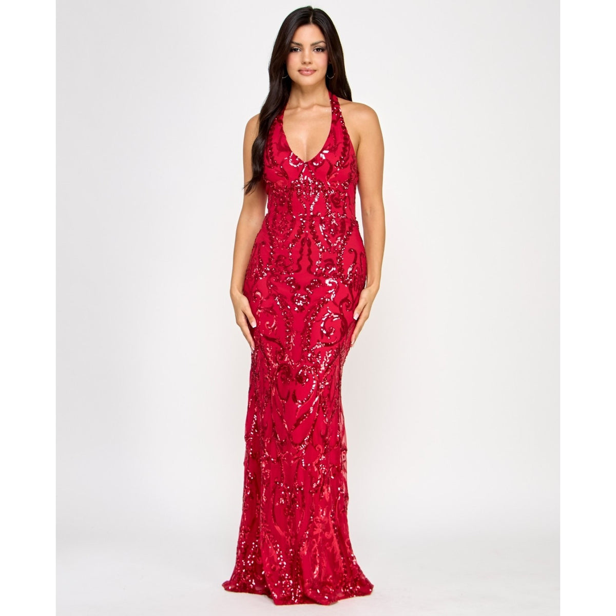 B Darlin Red Sequin Halter Prom Dress Size 9/10 Mermaid Formal Evening Gown $159