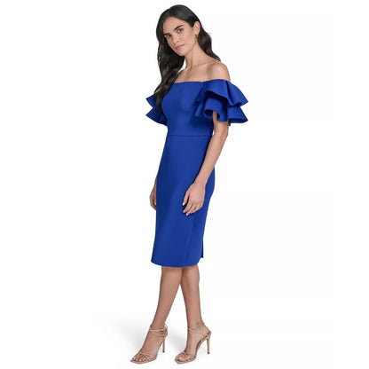 Eliza J Off Shoulder Cocktail Dress, Ruffle Sheath Cobalt Blue Wedding Guest, 14