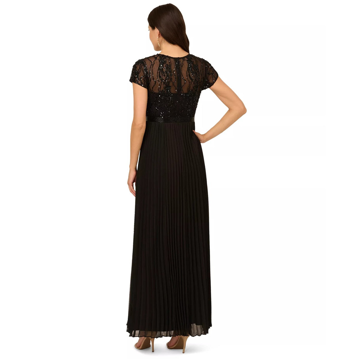 Adrianna Papell Black Embellished Pleated Dress Size 10P, MSRP: $299