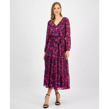 Kasper Women's Floral-Print Tiered Fit & Flare Dress - Black/cerise Multi