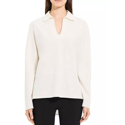Theory Spread Collar Cotton Blend Popover Top in Cream Size XL, NEW