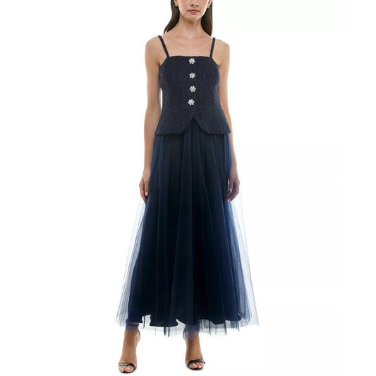 Taylor Women's Blue Mixed-Media Embellished Button Gown Dress Size 6, MSRP: 248$