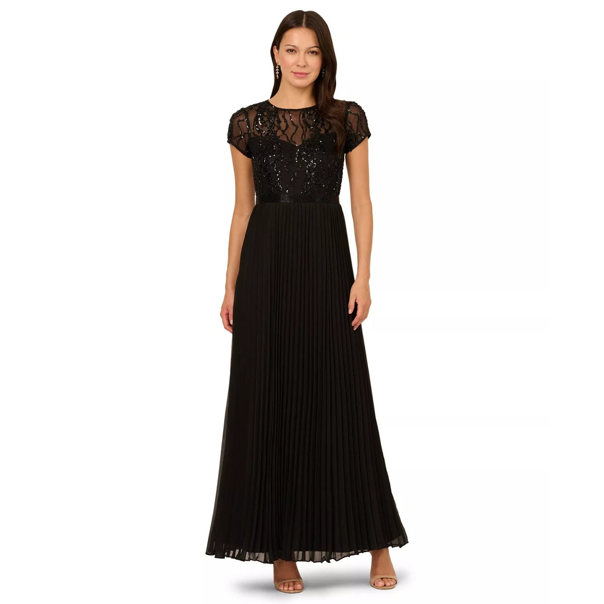 Adrianna Papell Black Embellished Pleated Dress Size 10P, MSRP: $299