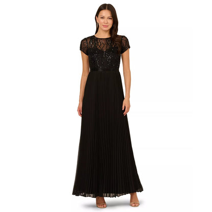 Adrianna Papell Black Embellished Pleated Dress Size 10P, MSRP: $299